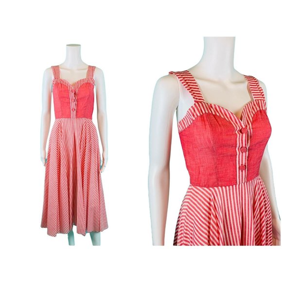 Vintage 1950s Striped Dress Coral Stripe Sweetheart SundressW 25"